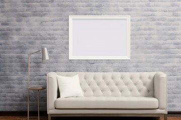 design scene with a sofa and a frame on a grey stoned wall, horizontal white poster frame mock up. Modern living room with grey sofa mockup. scandinavian style, cozy stylish interior background