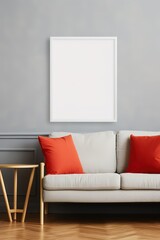 design scene with a sofa and a frame on a grey stoned wall, vertical white poster frame mock up. Modern living room with grey sofa mockup. scandinavian style, cozy stylish interior background