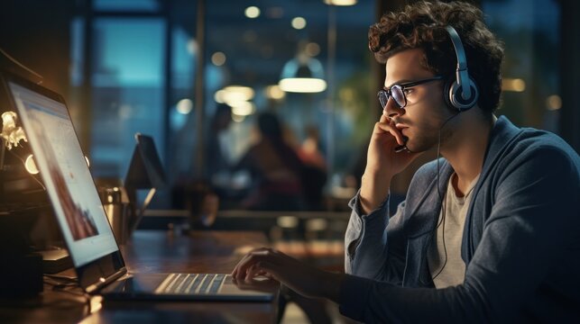 Computer programmer working on laptop at desk in office, technician in a server room - Powered by Adobe