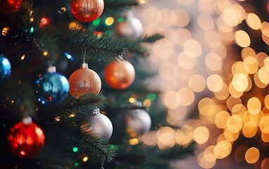 Obraz na płótnie Canvas Christmas Tree With Baubles And Blurred Shiny Lights Close up. AI, Generative AI