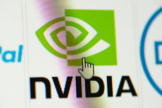 Chernihiv, Ukraine - January 12, 2022: Nvidia logo on computer screen. Using products by Nvidia technology company