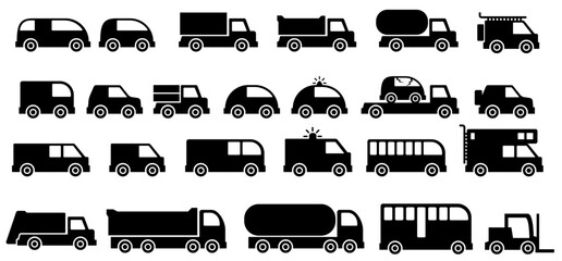 Vector set illustration of simple deformed various types of car icons pictograms	