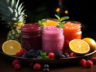 Colorful set of smoothies with exotic fruits.