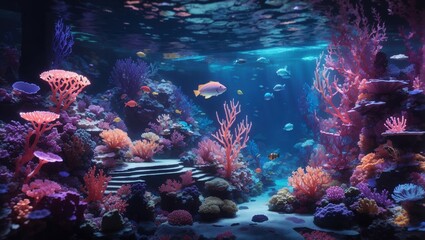 Obraz na płótnie Canvas An ocean setting showcasing fluorescent corals, sea creatures, and sparkling aquatic plants, creating an illuminated underwater world.