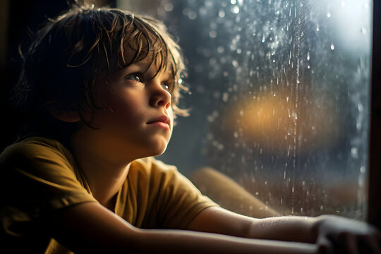 A sad boy sitting by the window. Lonely boy living alone. 