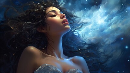 The contemplative expression of a model fused with the depths of a starlit sky.