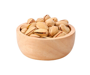 Dry Roasted and Sea Salted Pistachios. roasted green pistachio nuts snack in wooden bowl on transparent png.