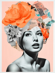 Collage portrait. Magazine clippings, fashion shoots, flowers and leaves. Abstract paper collage. - 667697923