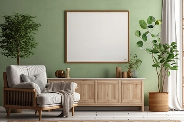 modern living room, Inviting Spring Vibes: A Cozy Living Room with Mock-up Poster Frame, Wooden Sideboard, White Sofa, Greenery, Plants, and Stylish Lamp, Perfect for Home Decor Inspiration.