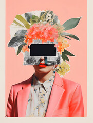 Collage portrait. Magazine clippings, fashion shoots, flowers and leaves. Abstract paper collage. - 667697979