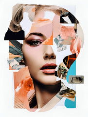 Collage portrait. Magazine clippings, fashion shoots, flowers and leaves. Abstract paper collage. - 667697988