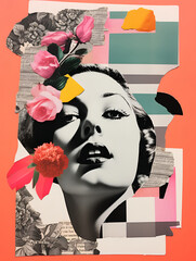 Collage portrait. Magazine clippings, fashion shoots, flowers and leaves. Abstract paper collage. - 667698149