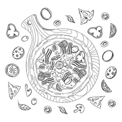 Pizza slices, whole pizza. Pizza with different toppings. Vector illustration.