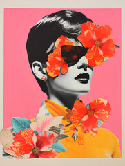 Collage portrait. Magazine clippings, fashion shoots, flowers and leaves. Abstract paper collage. - 667698172