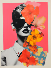 Collage portrait. Magazine clippings, fashion shoots, flowers and leaves. Abstract paper collage. - 667698303