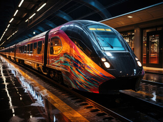 Obraz premium Transportation in Expressionism: a train travels through a tunnel, with highlight color contrast photography.
