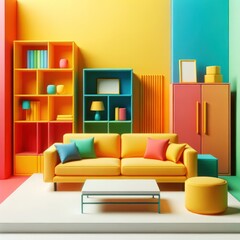Vibrant hues dance across the walls of a chic den, adorned with an inviting couch and shelves overflowing with personality and charm