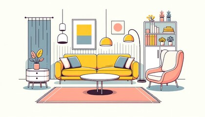 Vibrant hues and whimsical lines bring this interior design to life in a playful yet elegant cartoon drawing of a living room, filled with eclectic furniture and artistic flair