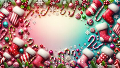 Embrace the vibrant spirit of the holiday season with a whimsical border festive hues and cozy socks, adorned with glittering beads, copy space for greeting card party invitation congratulations text