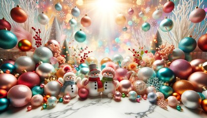 Vibrant colors and festive ornaments adorn a group of lively snowmen, creating the perfect christmas card to celebrate the holiday season and ring in the new year with joy and decoration - Powered by Adobe