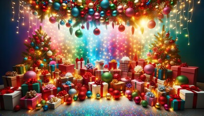 Fototapeta na wymiar Vibrant colors and sparkling lights illuminate a festive scene of presents nestled beneath a cascading garland, christmas and the excitement of the new year in one beautiful holiday card