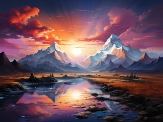 Fototapeta na wymiar A composition in the backdrop, featuring surreal sunset and sunrise colors and textures, explores the realms of landscape painting, imagination, creativity, and art.