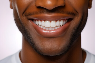Fototapeta premium The white smile of an African-American man with a beard. Close-up.