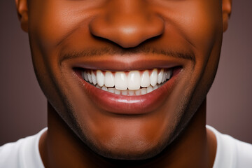 The white smile of an African-American man with a beard. Close-up.