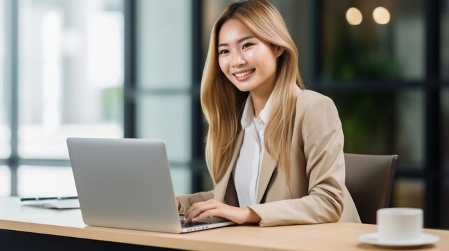 Smiling Adult Chinese Woman with Blond Straight Hair Photo. Portrait of Business Person in the office in front of laptop. Photorealistic Ai Generated Horizontal Illustration.