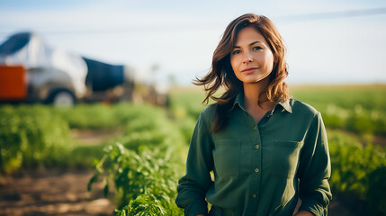 A young woman agronomist stands in the background of the field.
