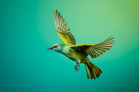 Green bird flying with wings open on a green background. Close-up.