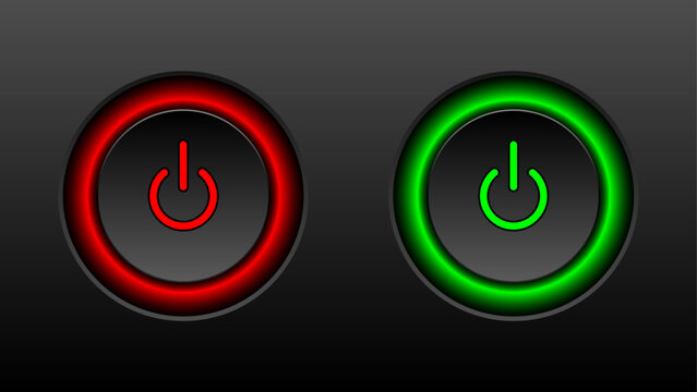 A set of two round buttons with backlight and power symbols. User interface elements for mobile devices in neumorphism style. Power on or power off 3D icon for apps and websites. Vector Illustration.
