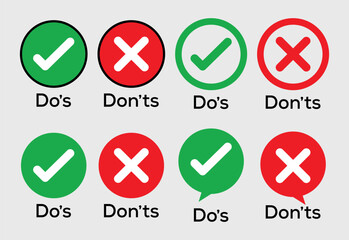 Do’s and Don’ts vector icons, wrong and right icons, true and false, good or bad sign.