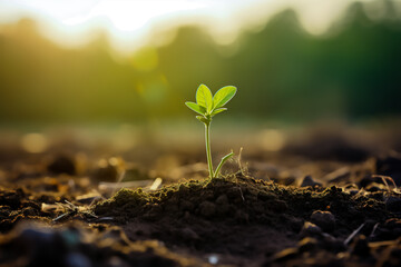 A young green sprout sprouting from the ground on a sunny morning. Close-up.