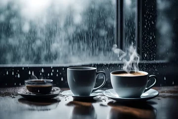 Plexiglas foto achterwand Steaming coffee cup on a rainy day window background   © Malaika