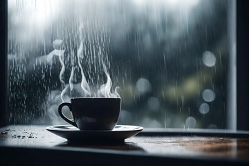 Steaming coffee cup on a rainy day window background  