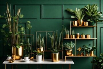 Stylish and modern composition of living room. Green wall panelling with shelf. - obrazy, fototapety, plakaty