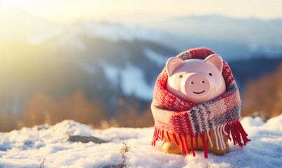 A piggy bank keeping warm during winter with a scarf. Seasonal finance - obrazy, fototapety, plakaty