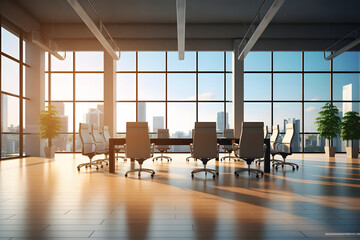 Golden Hour Office Space: Sunset-Lit Empty Workspace with City View