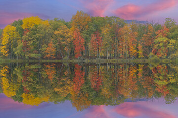 Autumn landscape at dawn of the shoreline of Pond Lily Lake with mirrored reflections in calm water, Michigan, USA
