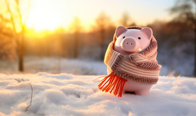 A piggy bank keeping warm during winter with a scarf. Seasonal finance - obrazy, fototapety, plakaty