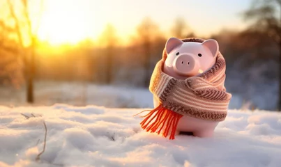 Fotobehang A piggy bank keeping warm during winter with a scarf. Seasonal finance © ink drop