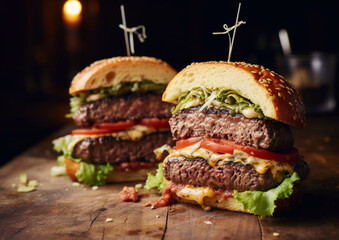 Juicy tasty hot beef burger cut in 2 halves on wooden table.Macro.AI Generative - obrazy, fototapety, plakaty