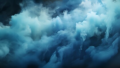 Surreal smoke filled scene comprised of blue and white plumes rising up from the bottom of the frame - obrazy, fototapety, plakaty