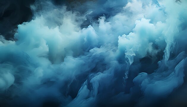 Surreal smoke filled scene comprised of blue and white plumes rising up from the bottom of the frame