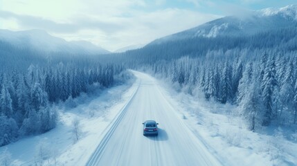 Concept of auto travel during winter holiday season. One blue car is driving on snow along mountain road near forest. Aerial view. Road trip journey. Generative AI. Drone landscape. - obrazy, fototapety, plakaty