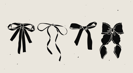 Set of various black Bow knots, tie ups, gift bows. Hand drawn Vector illustration. Isolated design elements. Wedding celebration, holiday, party decoration, gift, present concept