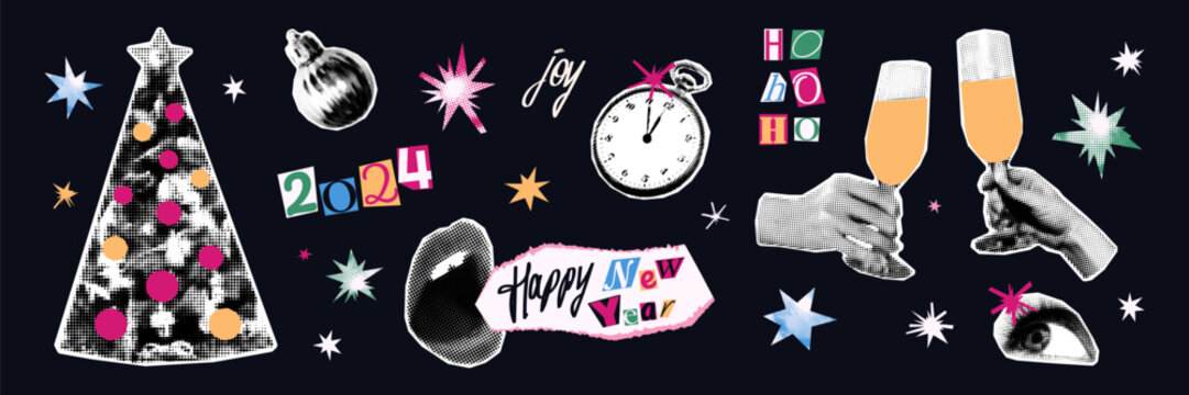 Christmas halftone collage elements set. Cut out of magazine shapes, glasses of champagne, decorated tree, female eye and shouting mouth, stars. Happy New Year. Modern retro grunge vector illustration