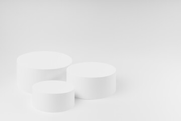 Abstract white stage with three round podiums as mockup. Template for presentation cosmetic products, goods, advertising, design, sale, text, display, showing in modern style.