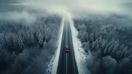 Concept of auto travel during winter holiday season. One red car is driving on snow along mountain road near forest. Aerial view. Road trip journey. Generative AI. Drone landscape.
